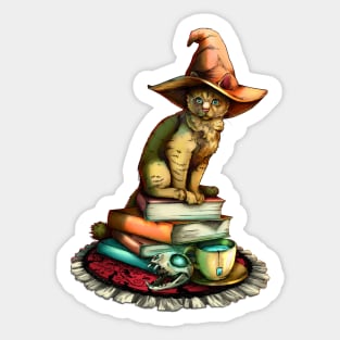 Witchy Cat with Books and Magic Skull and Tea Sticker